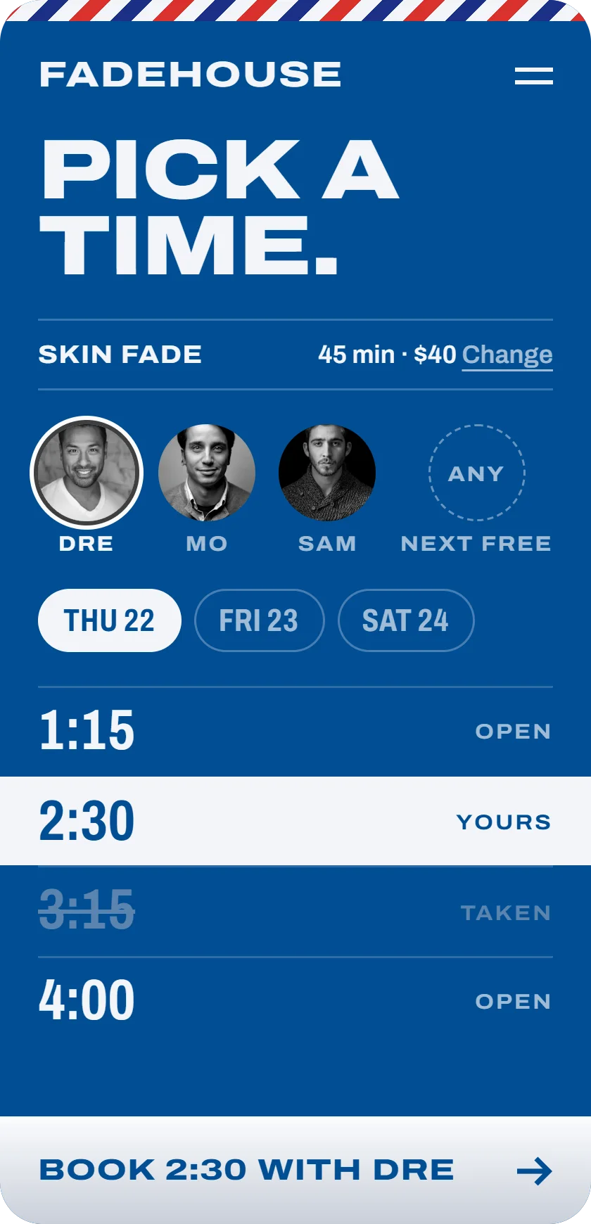 Example booking page for Fadehouse, a barbershop, at the step where the customer picks a time.