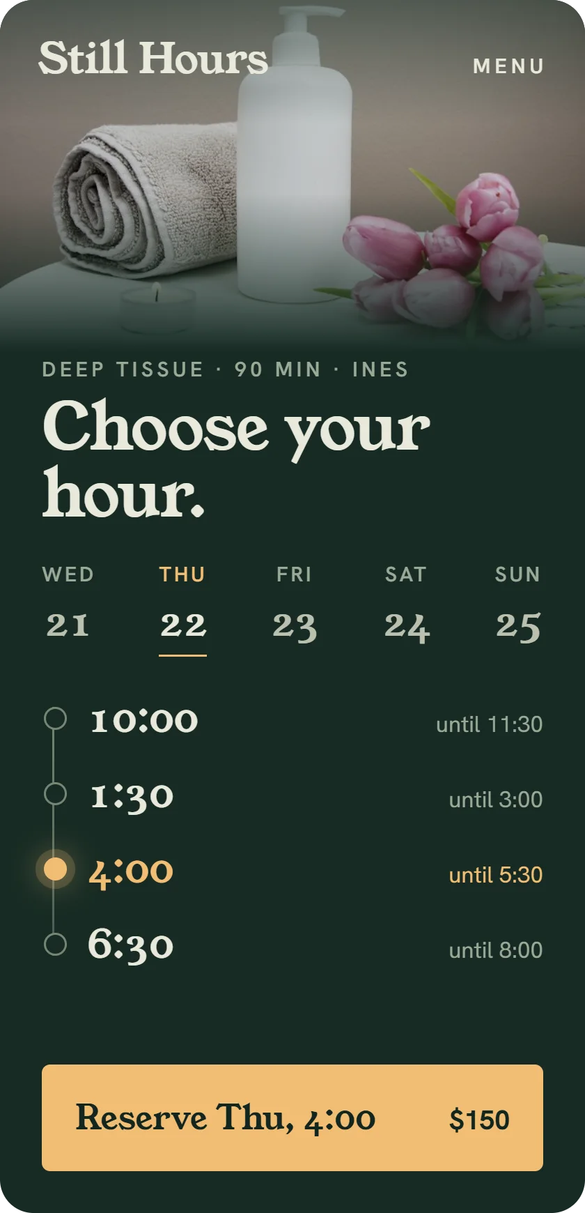Example booking page for Still Hours, a massage studio, at the step where the customer picks a time.