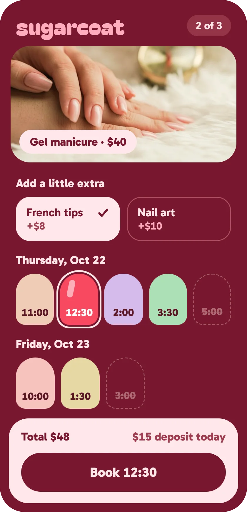 Example booking page for Sugarcoat, a nail studio, at the step where the customer picks a time.