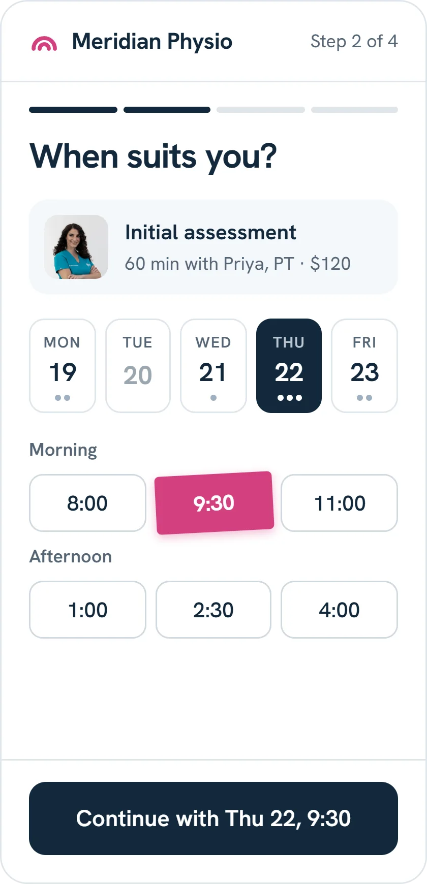 Example booking page for Meridian Physio, a physiotherapy clinic, at the step where the customer picks a time.