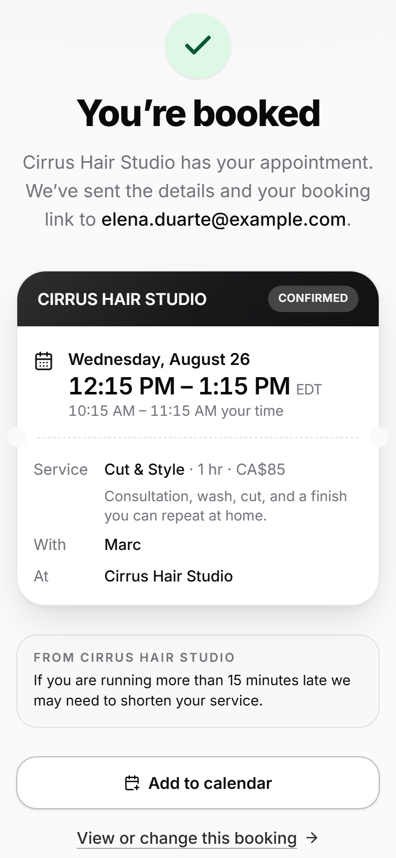 A confirmation screen showing the appointment date, time, service and staff member