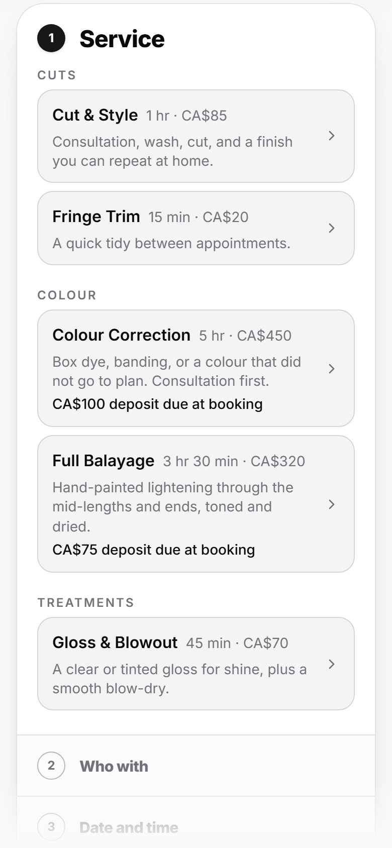 A booking page on a phone, showing six services across three categories with their length, price and deposit