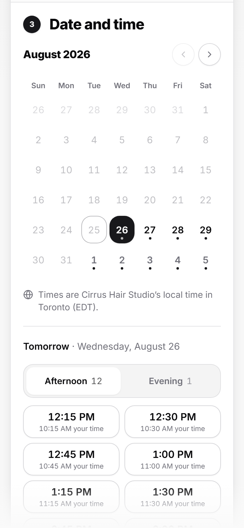The same booking page showing a calendar with available days marked