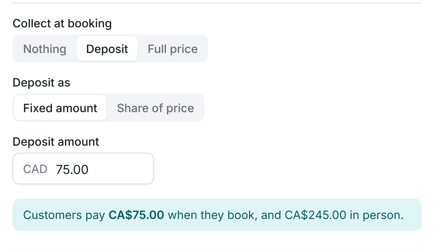 The Keptslot service settings: “What the customer pays at the moment they book. Anything not collected here is settled with you in person.” Collect at booking is “A deposit — share of the price”, the deposit is 50 percent, and the line below reads “Customers pay CA$70.00 when they book, and CA$70.00 in person”