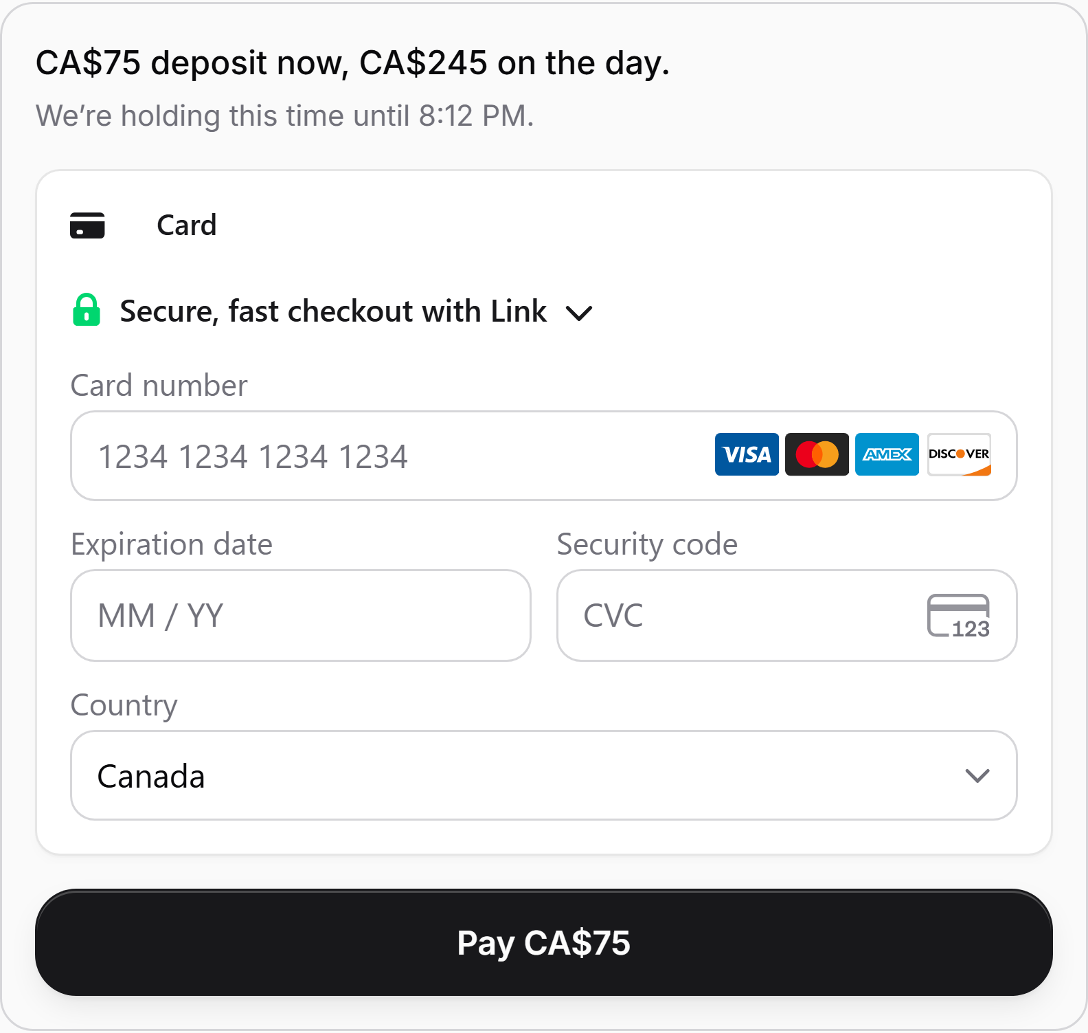 The payment step on a Keptslot booking page: “CA$70 deposit now, CA$70 on the day”, a card form, and a Pay CA$70 button