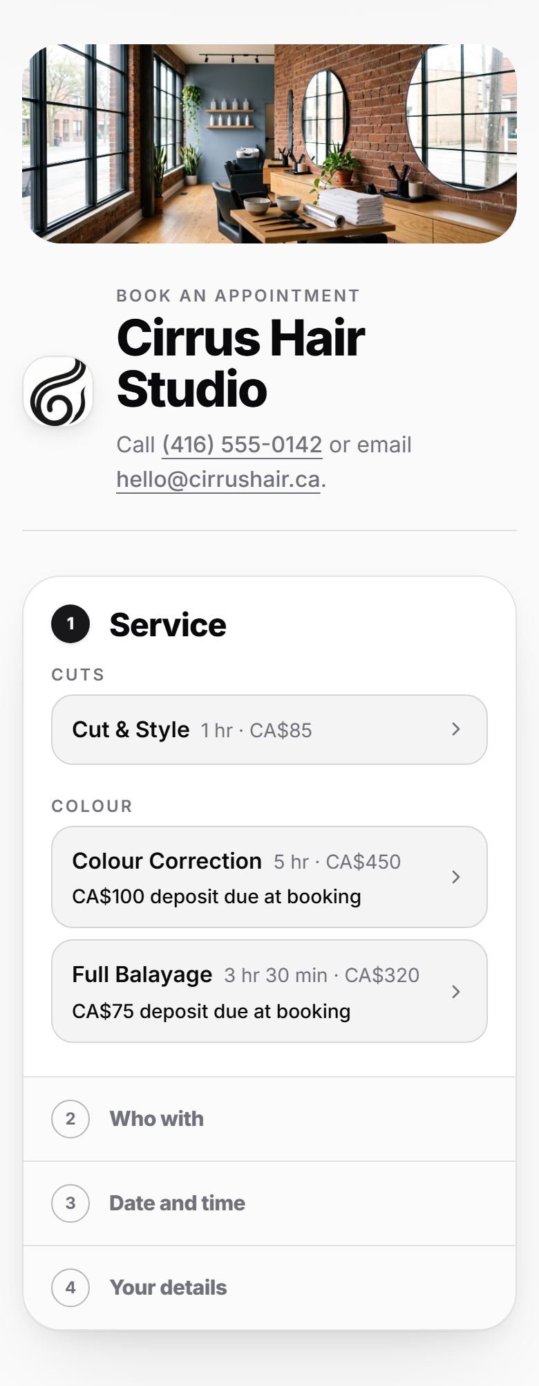The same salon's booking page on a phone: a colour asking CA$70 deposit due at booking, a fringe trim asking nothing, and a cut asking CA$50 due at booking